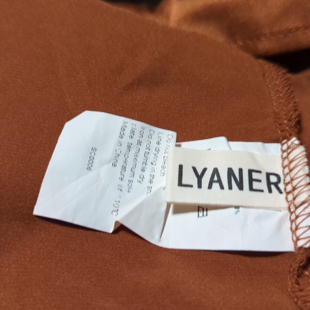 LYANER Long sleeve drape front blouse Brown Size M stretch satin - Picture 6 of 8